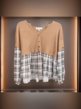B Famous Women’s Tan Plaid Mixed-Media Women's Top-M-EC